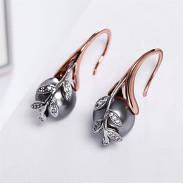 Boucles d'oreilles pendantes pour femmes, plaqué or rose, pavé de perles grises, cristal de zircon cubique, lots de bijoux bon marché, à la mode, pour wom252r