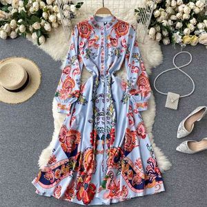 Moda Europa estilo primavera otoño elegante mujeres manga larga vintage floral estampado vestido femenino vestidos de fiesta vestido 210428