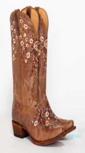 Fashion Floral Broidered Cowgirl Knee High Leather Vintage Riding Shoots Boots Women 3061086