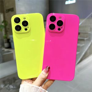 Coque de téléphone fluorescente couleur bonbon, étui arrière en Silicone brillant pour iPhone 15 14 13 12 11 Pro Max, Rose vif, jaune