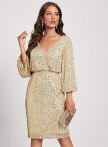 Fashion Gold Short Homecoming Cocktail Robe Femme 2024 V-cou Longueur du genou Sequins d'anniversaire Party Robe de Soiree