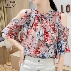 Moda hermosa blusa de gasa camisas de manga de llamarada mujeres y blusas o-cuello pantalones cortos regulares floral damas tops 5160 50 210417