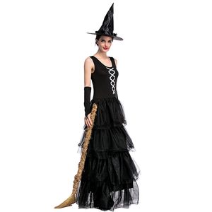 Fashion-Gothic Halloween Vestido de vestir sexy bruja vampiro traje mujeres negro masquerade fiesta fantasma cosplay vestido + sombrero + pulsera