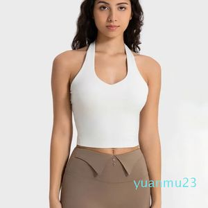 Moda cuelga camisetas sin mangas con cuello Tops de yoga suaves y mantecosos Ropa interior agradable para la piel Chaleco de mujer Sujetador deportivo sexy ajustado con copas extraíbles