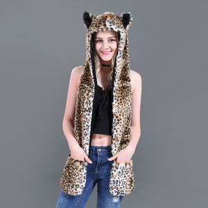 Moda Sombrero Bufanda Guante Integrado Animal Felpa Dibujos animados Pequeño Leopardo Patrón Imitación Piel 211207