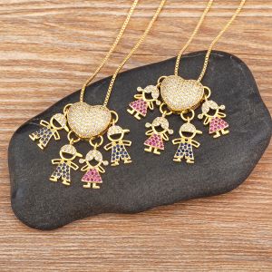 Mode Chaud Membre De La Famille 14k Or Jaune Pendentif Collier Micro-Clousté Zircon Amour Coeur Garçon Fille Parent-Enfant Bijoux Fête Des Mères Cadeau