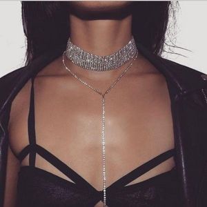 Mode discothèque collier collier cou alliage plein diamant longues chaînes Amazon rouge or argent