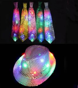 Moda niños adultos LED Light Up Tie Sequin Jazz Fedora sombrero intermitente neón fiesta regalo disfraz gorra cumpleaños boda carnaval venta al por mayor