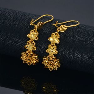 Boucles d'oreilles longues en forme de fleur de Style coréen, en or jaune 14k, de luxe, couleur dorée, bijoux de mariage, cadeau de fête pour femmes