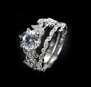 Moda- Señora 925 Flor de plata esterlina Diamante simulado CZ Piedra pavimentada 2 Declaración Anillo de boda Conjuntos de anillos Joyas para mujeres