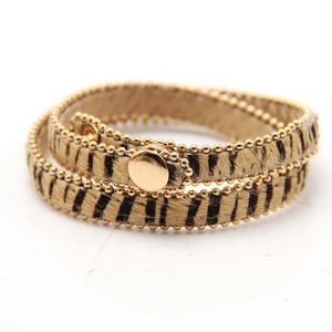 Pulsera de cuero de leopardo de moda Brazalete ajustable de doble capa con botón a presión Pulseras envolventes Pelo de caballo Mujeres Joyería elegante para niñas Damas