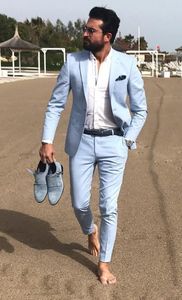 Fashion Light Blue Groom Tuxedos Excellent Notch Slim Fit Fit Groomsmen Blazer Men Suit Formal Party Prom Costume (Veste + Pantalon + Tie) 1296