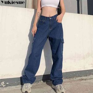 Fashion Loose Jeans Pantalon de travail décontracté Femmes Hip Hop Femme Coton Panton Big Pocket Clothes Blue / Black / White 210922
