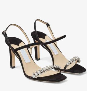 Moda Lujo Meira Sandalias Zapatos Mujer Negro Cristal adornado Bombas Blanco Plata Tacón de aguja Vestido de noche Señora Gladiador Sandalias EU35-43 Caja original