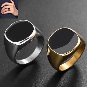 Anillo de moda para hombre, anillo de sello negro, anillos de dedo chapados en oro y plata de acero inoxidable, joyería de fiesta Punk