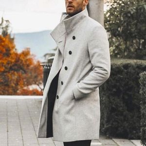 Abrigo de un solo pecho a la moda para hombre con bolsillos, gabardina larga informal con cuello levantado, abrigo negro, gris, blanco, abrigos cálidos