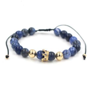 Pulsera de cuentas de piedra para hombres y mujeres a la moda, ajuste pavimentado, pulsera de macramé con dije de corona de circonia cúbica negra, tejido trenzado para hombres