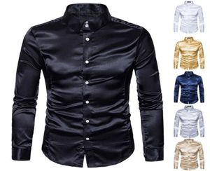 Moda Men039s Camisas de satén de seda Manga larga Satén Tops lisos Llanura de negocios con volantes Vintage Boda Esmoquin Camisas formales T202190133