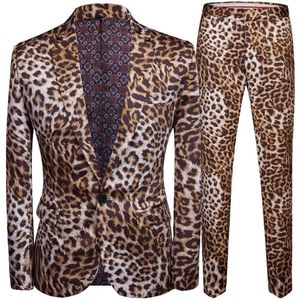 Fashion Mens Casual Boutique Leopard Print Nightclub Style Suit Pantalon / Mâle Deux pièces Blazers Coat Pantalons Set 240315