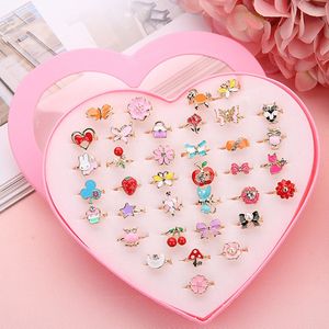 Fashion Mixed 36pcs Kids Cartoon Cute Flower Animals Crystal Alloy Adjustable Children Ring Girls Birthday Party Jewelry Gift
