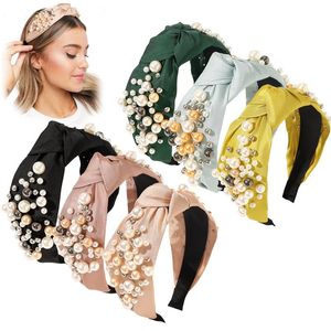 Accesorios para el cabello de perlas de moda para mujer, diademas anudadas de tela de Color sólido, diadema de perlas de tamaño, diadema de aro para niña de Boutique