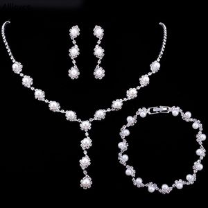 Conjuntos de joyería nupcial de cristal con perlas de moda para boda, diamantes de imitación brillantes, collar de circón para banquete, conjuntos de pulsera y pendientes colgantes, accesorios para novia CL1762