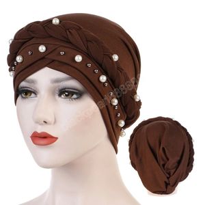 Moda perlas bufanda musulmana gorros hijabs mujeres India sombreros de turbante gorro envolvente pañuelo para la cabeza pañuelo sombrero mujer accesorios para el cabello