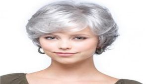 Mode Peruca court gris blanc cheveux synthétiques naturel bouclés ondulés femmes Parrucca Grigia perruques perruque Cap4231185