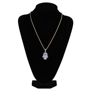 Moda- Plateado Iced Out Fátima Mano Colgante Collar Twist Chain Full CZ Cubic Zirconia Vintage Talisman Jewelry Regalos para hombres y mujeres