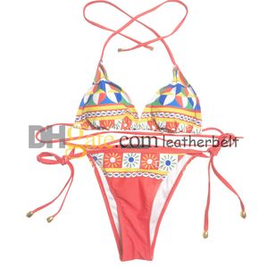 Ensemble Bikini imprimé à la mode, soutien-gorge licou, couleur contrastée, maillot de bain Sexy, string à lacets, séchage rapide, rembourré, costume de bain