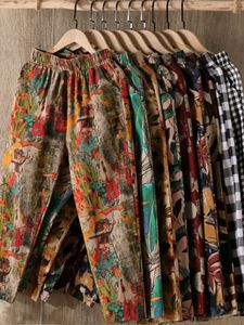 Pantalones bombachos de lino y algodón estampados a la moda para mujer, pantalones holgados hasta la pantorrilla de cintura alta informales de verano para mujer, ropa de calle 220819