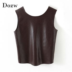 Moda PU Faux Leather Top Mujeres Sexy Hollow Out Summer Brown Tank Streetwear Ladies O Neck Sleeveles Short s 210515