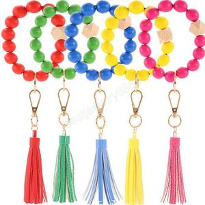 Mode couleur pure motif bois perles Bracelets porte-clés Wrap glands Bracelet porte-clés rond Bracelet porte-clés