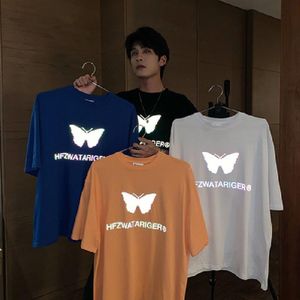 Camisetas de manga corta con estampado de mariposa reflectante para hombre, camiseta holgada de tendencia de verano para parejas de Hip Hop