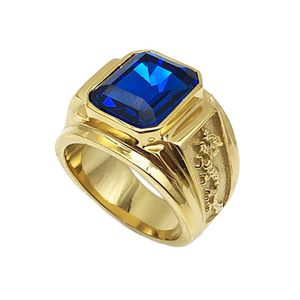 Fashion Retro Gold Dragon Totem Anneaux en acier inoxydable pour hommes Anneaux de strass bleu de taille 7 8 9 10 11 12