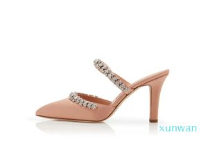 Mode Sexy Femmes Sandales Escarpins VEDADAMU 90 mm Rose Clair Crème Satin Cristal Embelli Mules Italie Bout Pointu Designer Fête De Mariage Talon Haut Sandale Boîte