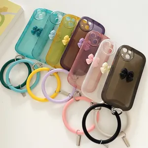 Étuis en silicone TPU souples et transparents à la mode, couverture antichoc en gel de caoutchouc avec dragonne à nœud, dragonne pour iPhone 14 13 12 11 Pro Max XR XS Max 8 7 6S Plus