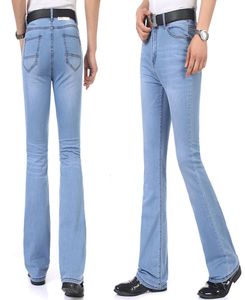 Moda Primavera Casual Mens Bell Bottom Jeans Business Azul Mediados de cintura Slim Fit Boot Cut Semiflared Flare Leg Denim Pants Plus Size7227616