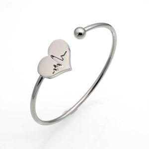 Fashion Stainless Steel Bangles  Bangles Hollow Heart Carved Electrocardiogram Charm Bracelets Jewelry for Women Love Gifts Q0719