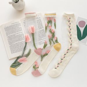 Fashion Summer Harajuku Socks Ultra-thin Transparent Crystal Silk Socks Women Tulip Pattern Streetwear Elastic Stockings