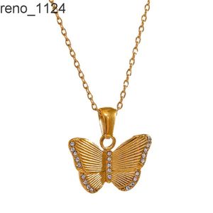 Collier en titane et acier pour Femme, ensemble de diamants, pendentif papillon en or, vente en gros