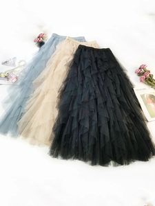 Mode Tutu Tulle jupe femmes longue Maxi printemps été coréen noir rose taille haute plissée femme 240112