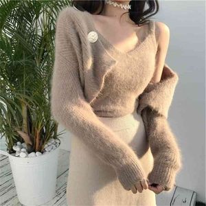 MODE Femme Two-Piece Femme Mink Coup tondant Châle Cardigan Vest Automne et Hiver Outfit Bouton 210416