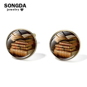 Fashion Vintage Men Cufflinks Bookshelf Library Books Librarians Bronze Color Glass Art Picture Cuff Links Writers Gifts Jewelry