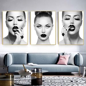 Arte de pared de moda, estampado de labios negros, maquillaje para mujer, póster femenino Sexy, lienzo, arte de belleza, cuadro de pared, pintura, decoración del hogar