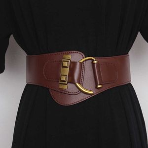 Cinturón ancho de cuero genuino a la moda, cinturón con corsé para mujer, cinturón con hebilla de Pin de Color dorado grande, cinturón de cintura para mujer, vestido decorativo Q0625