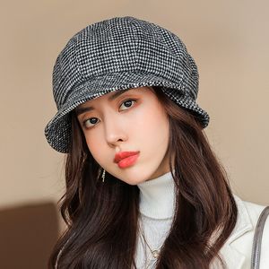 Sombreros de cubo de invierno a la moda para mujer, gorros de pesca cálidos de otoño, gorra elegante a cuadros para mujer, gorra informal de pata de gallo, sombrero de pescador para niña