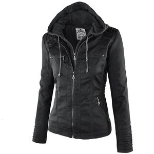 Moda invierno chaqueta de cuero de imitación chaquetas básicas de mujer con capucha negro chaqueta delgada de motocicleta abrigos de mujer chaqueta femenina 240124