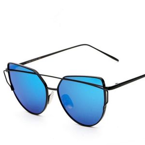 Moda mujer ojo de gato gafas de sol lente plana espejo estilo marca marco de metal gafas de sol reflectantes de gran tamaño 12 unids / lote 3322
