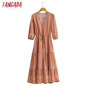 Moda feminina estampa geométrica vintage manga três quartos vestido longo feminino SY252 210416